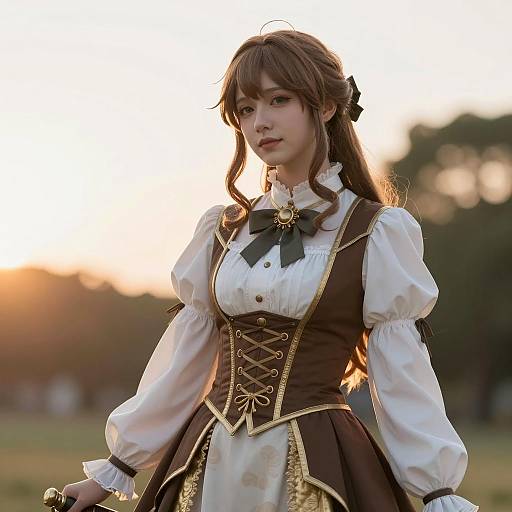 Victorian Style Woman in Corseted Historical Outfit at Sunset