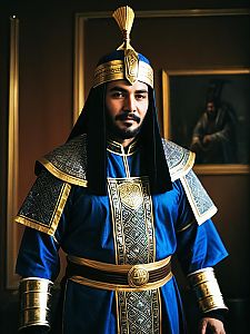 Man in Detailed Blue and Gold Ancient Royalty Costume with Headdress