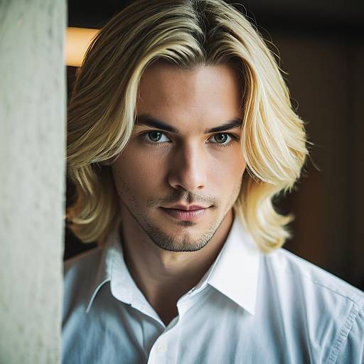 Portrait of Young Blonde Man with White Shirt and Intense Gaze