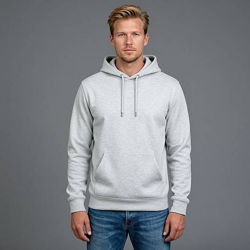 Young Man Wearing Light Gray Hoodie and Blue Jeans on Gray Background