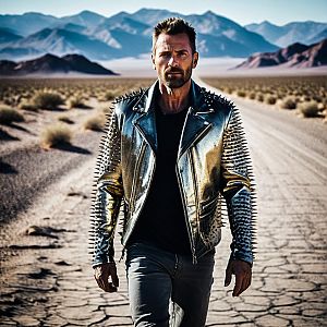 Confident man in metallic jacket on cracked desert road