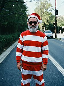 Man in Santa Hat and Striped Outfit on Street