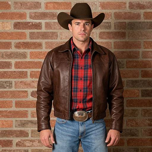 Man Wearing Cowboy Hat and Leather Jacket with Western Style Belt Buckle