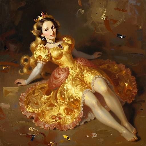 Royal Princess in Golden Dress Sitting - Classical Elegant Portrait