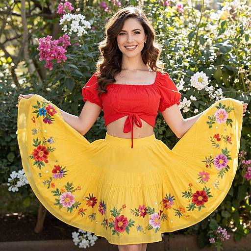 Smiling Woman in Red Crop Top and Yellow Embroidered Floral Skirt Outdoors