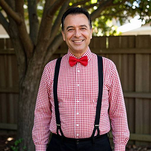 Smiling Man Wearing Red Checkered Shirt, Black Suspenders, and Bow Tie Outdoors