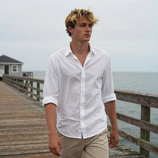 Thoughtful Young Man Walking on Coastal Wooden Pier Casual Style