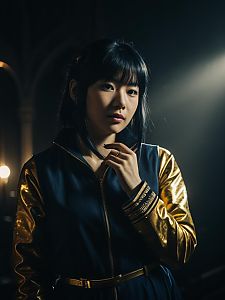 Realistic Hinata Hyuga Cosplay Woman in Navy Blue and Gold Costume