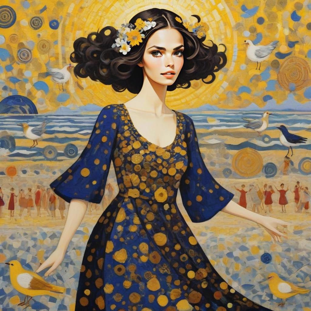 Woman in Blue Dress by the Seaside with Flowers