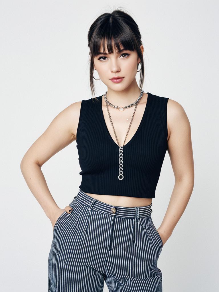 Woman in Contemporary Casual Black Ribbed Crop Top with Deep V Neck and Striped Pants