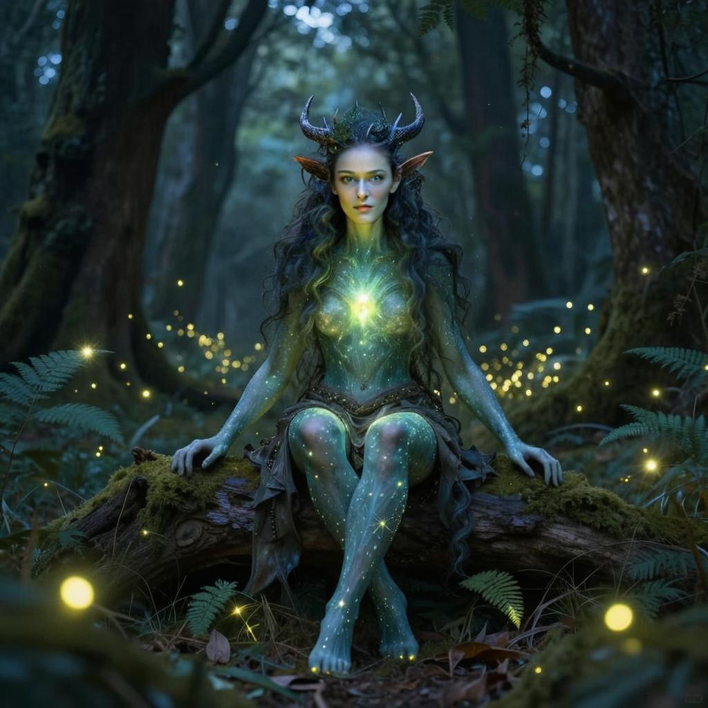 Mystical Fantasy Woman with Horns Sitting in Enchanted Forest