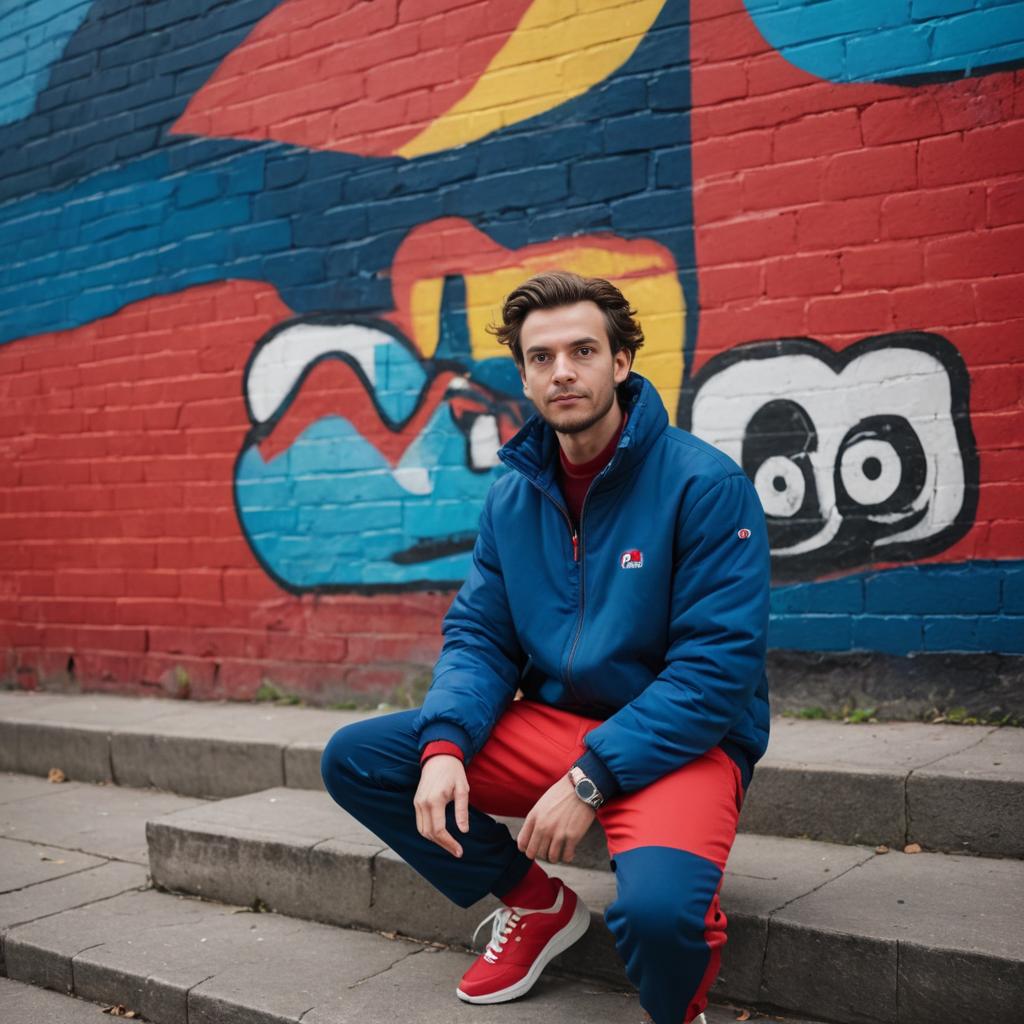 Stylish Man Against Vibrant Graffiti Wall