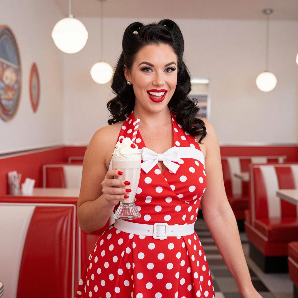 Retro 1950s Woman in Polka Dot Dress Holding Milkshake in Classic Diner