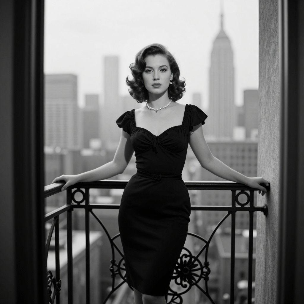 Vintage Glamour Woman on Balcony with City Skyline
