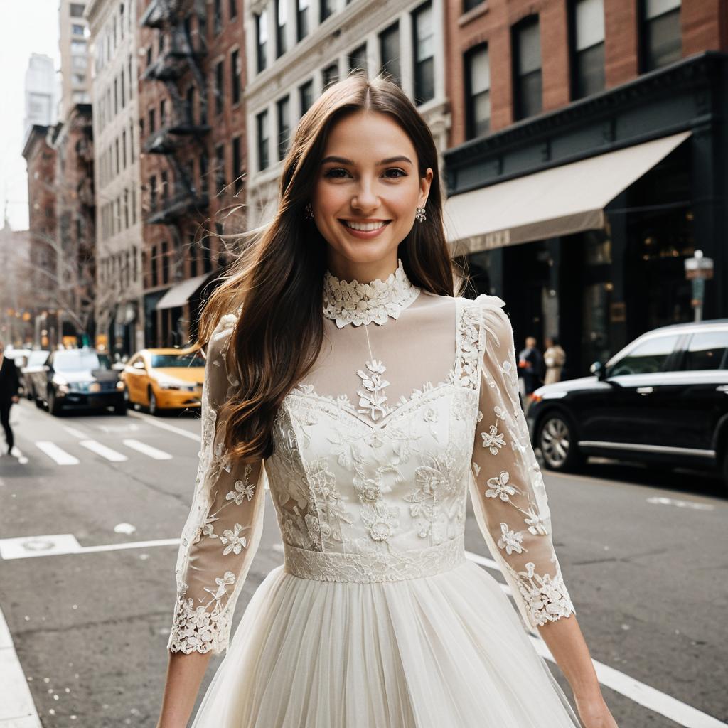 Young Woman in Vintage Lace Dress on City Street