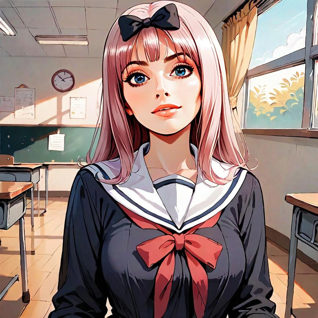 Anime Girl in Japanese School Uniform Classroom Illustration