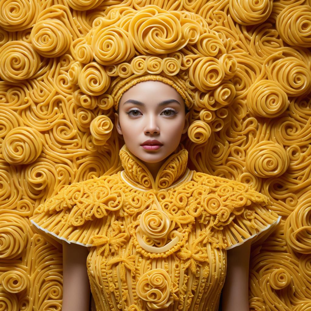 Woman in Yellow Pasta-Inspired Attire