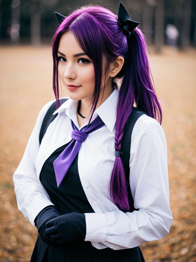Woman with Purple Hair in Anime-Inspired Cosplay Outfit
