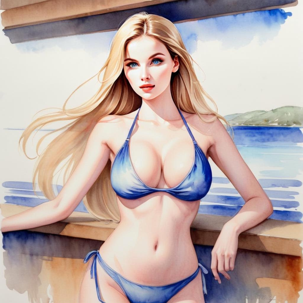 Young Woman in Blue Bikini by the Ocean Young Woman in Blue Bikini by the Ocean