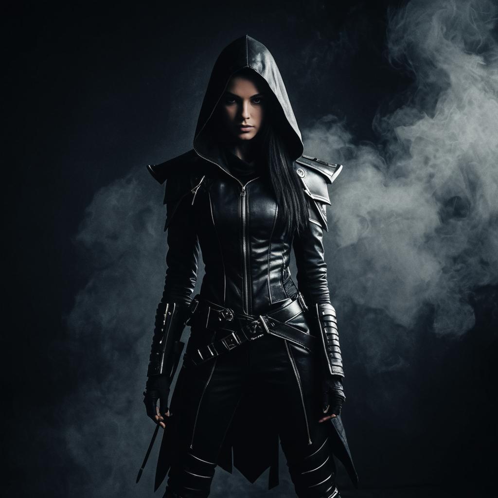 Futuristic Woman in Black Leather Hooded Outfit with Cyberpunk Style