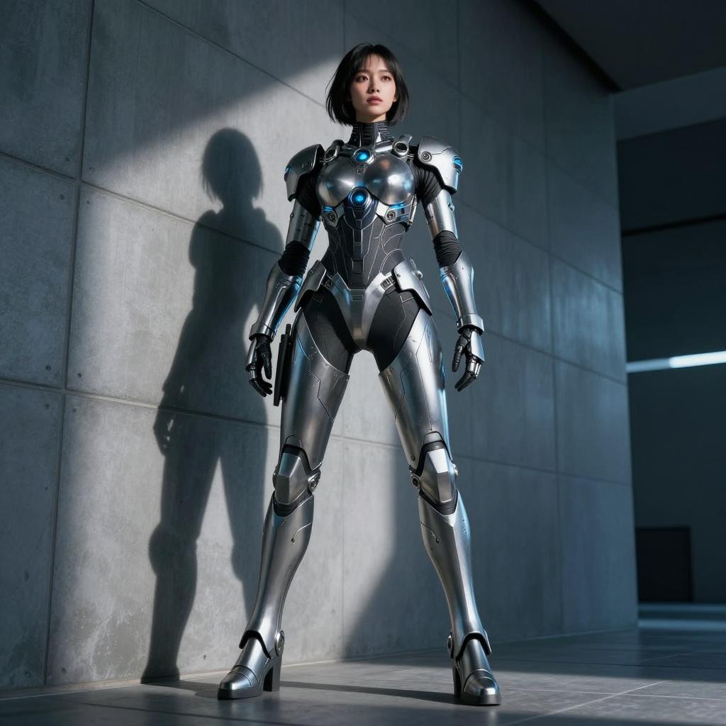 Futuristic Woman in Sleek Robotic Exoskeleton Suit Standing in Modern Industrial Setting