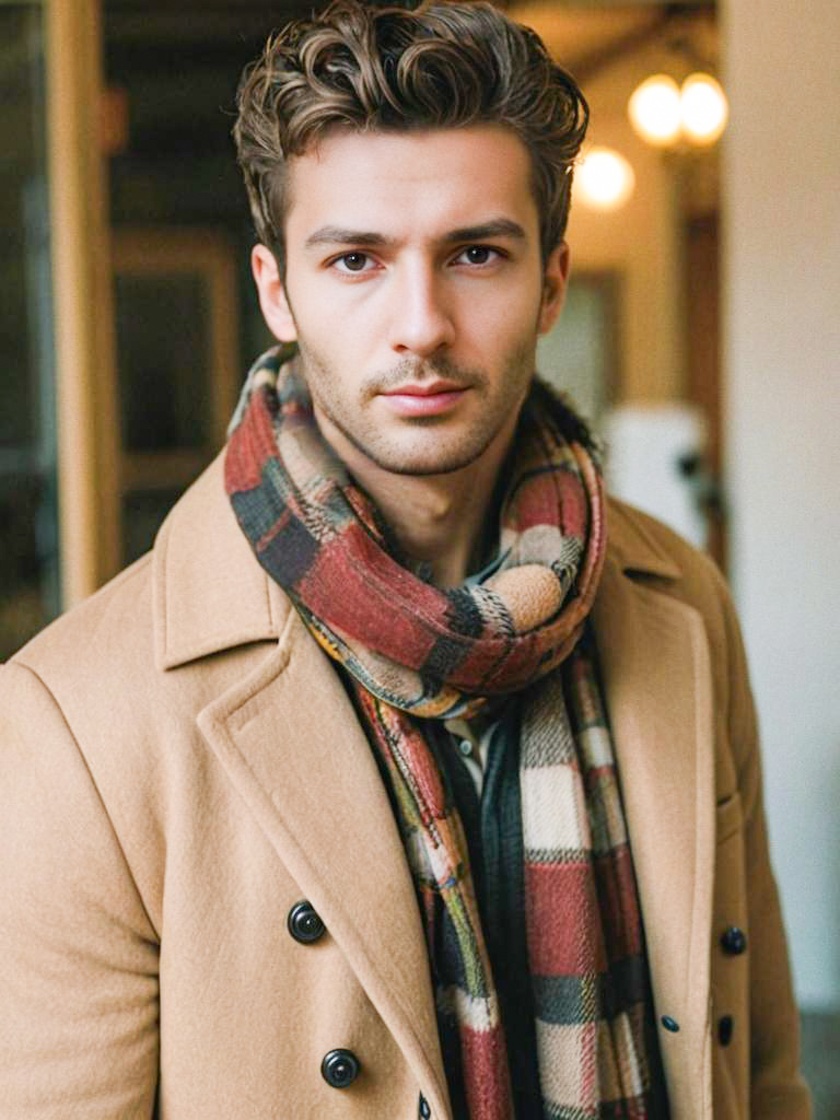 Stylish young man in camel coat and plaid scarf