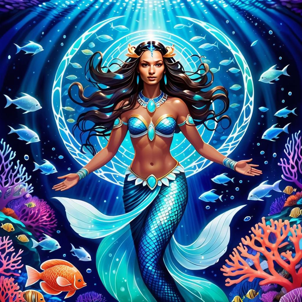 Majestic Mermaid with Glowing Aquatic Life