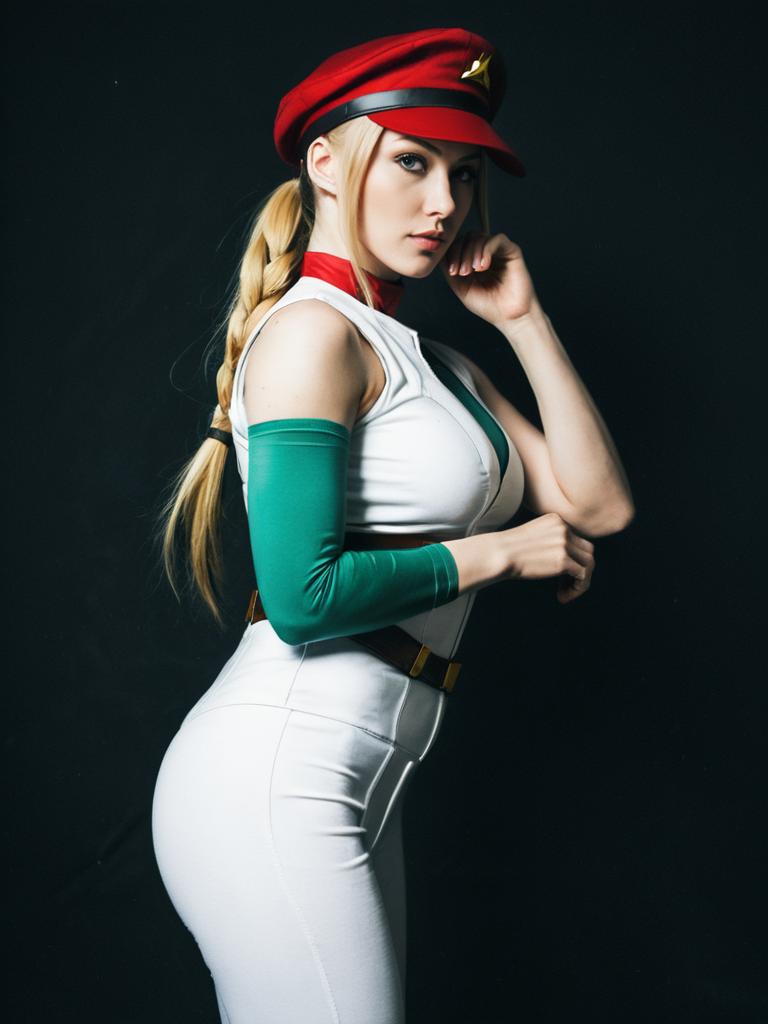 Realistic Cammy White Cosplay by Woman in White Costume and Red Cap