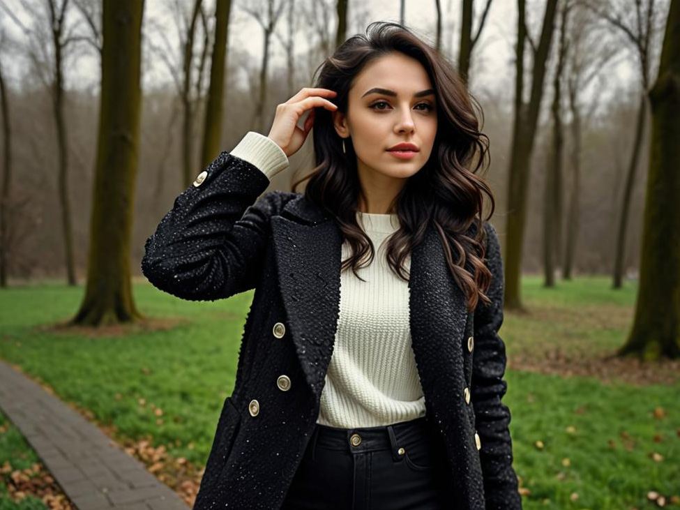 Stylish Woman in Forest with Black Coat