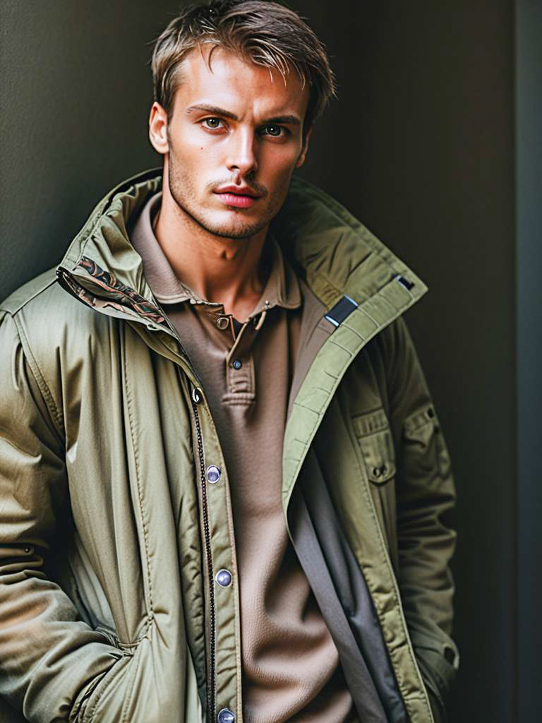 Young Man in Olive Green Puffer Jacket