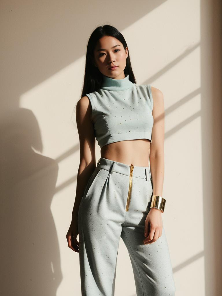 Woman in Modern Urban Sleeveless High Neck Crop Top with Metallic Specked Pants