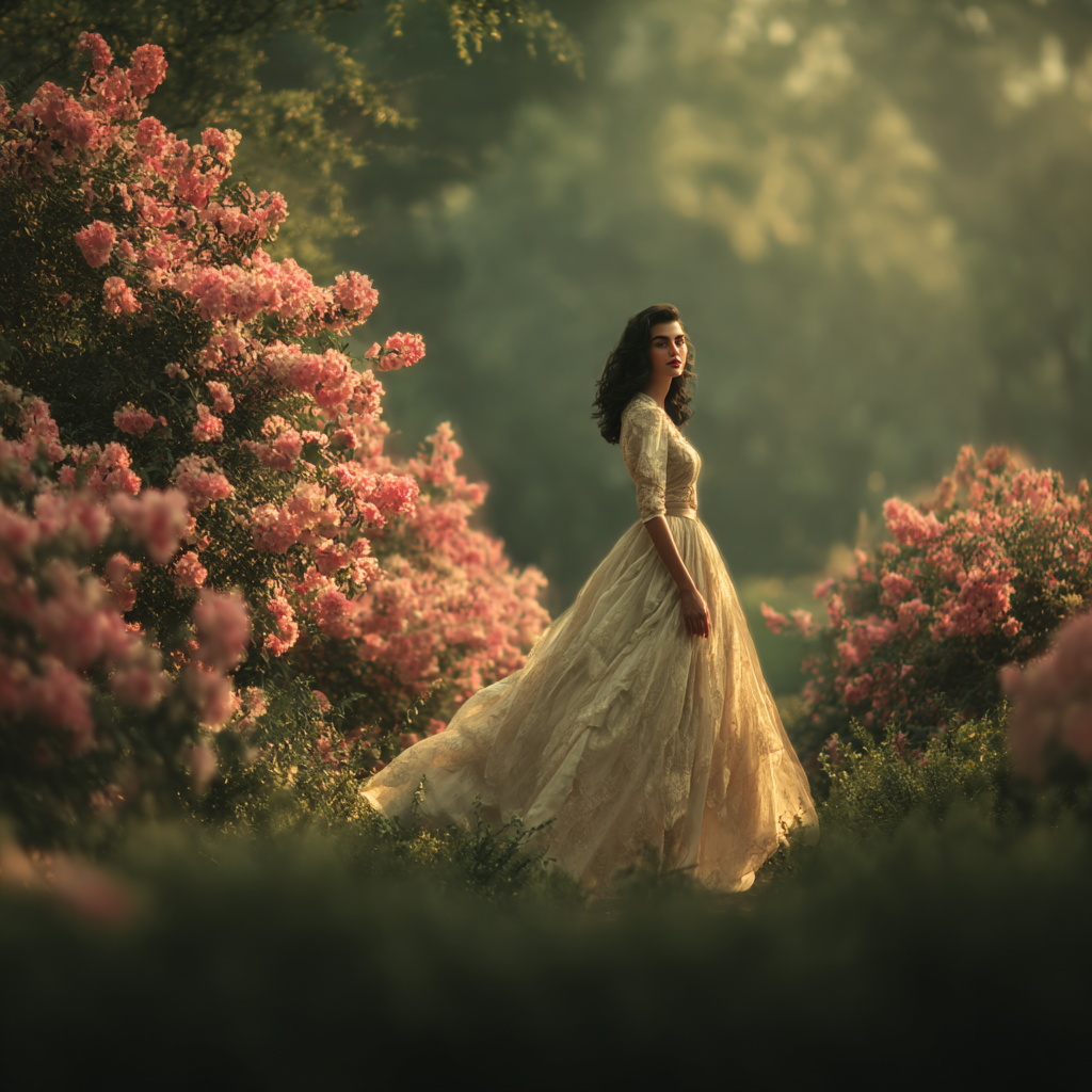 Woman in Vintage Cream Gown Among Pink Flowers