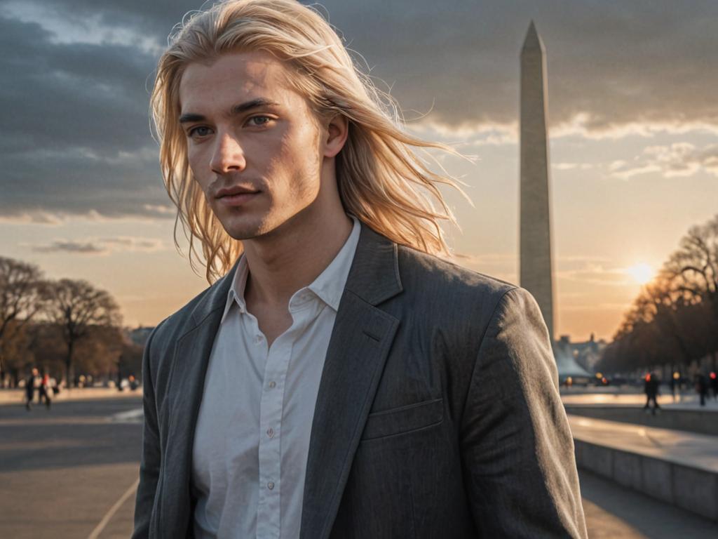 Pale Young Man in Grey Suit at Washington Monument at Sunset