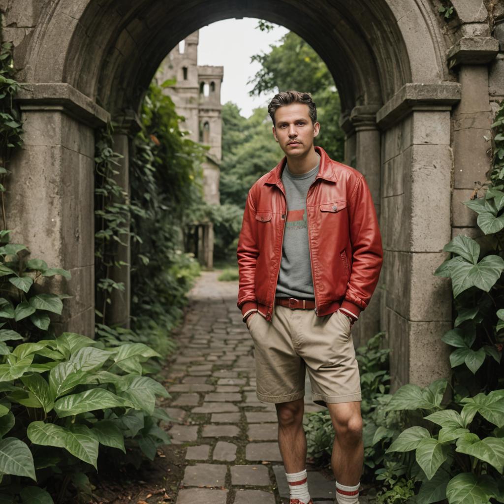 Stylish Man in Red Jacket in Lush Garden