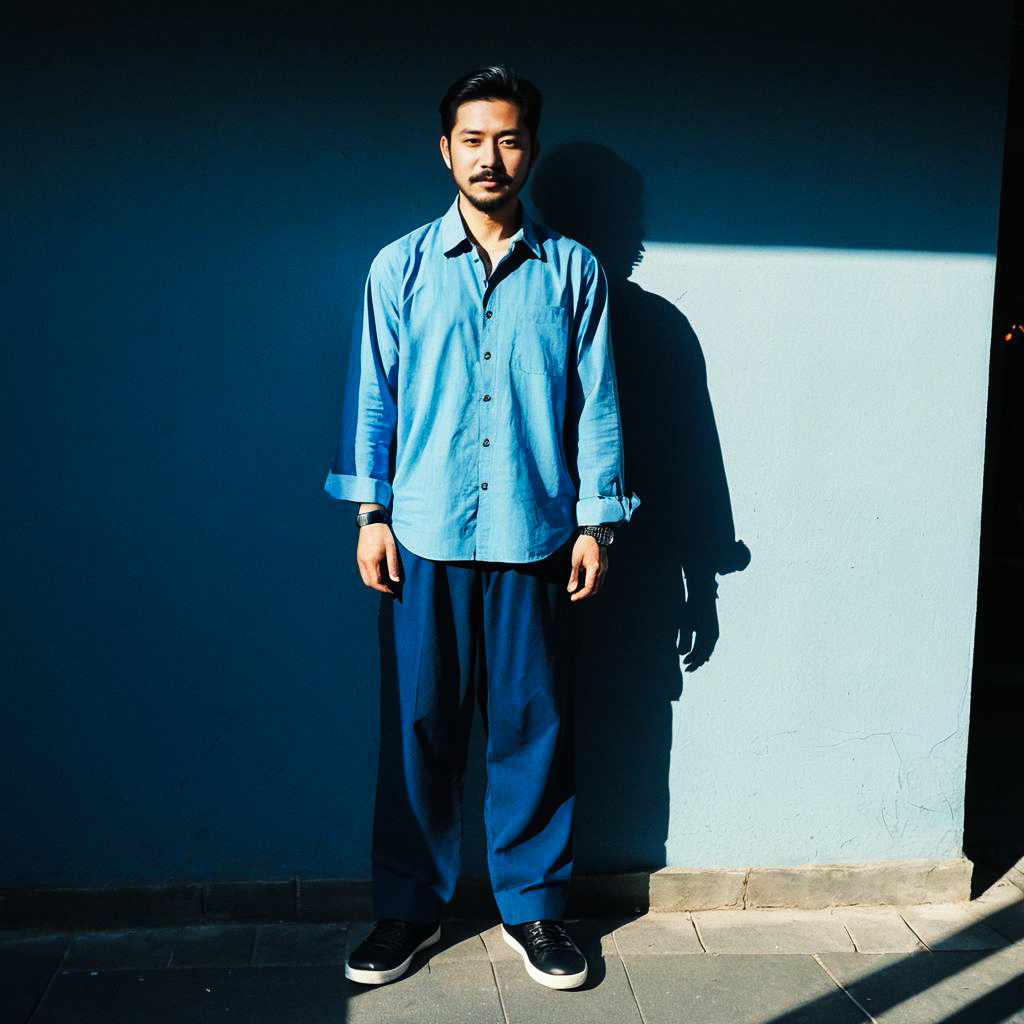 Confident Man in Blue Casual Attire