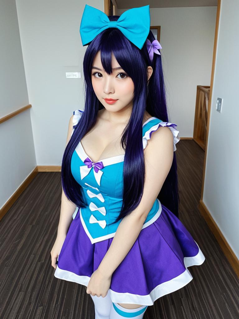 Anime Style Woman Cosplay in Blue and Purple Dress with Long Purple Hair