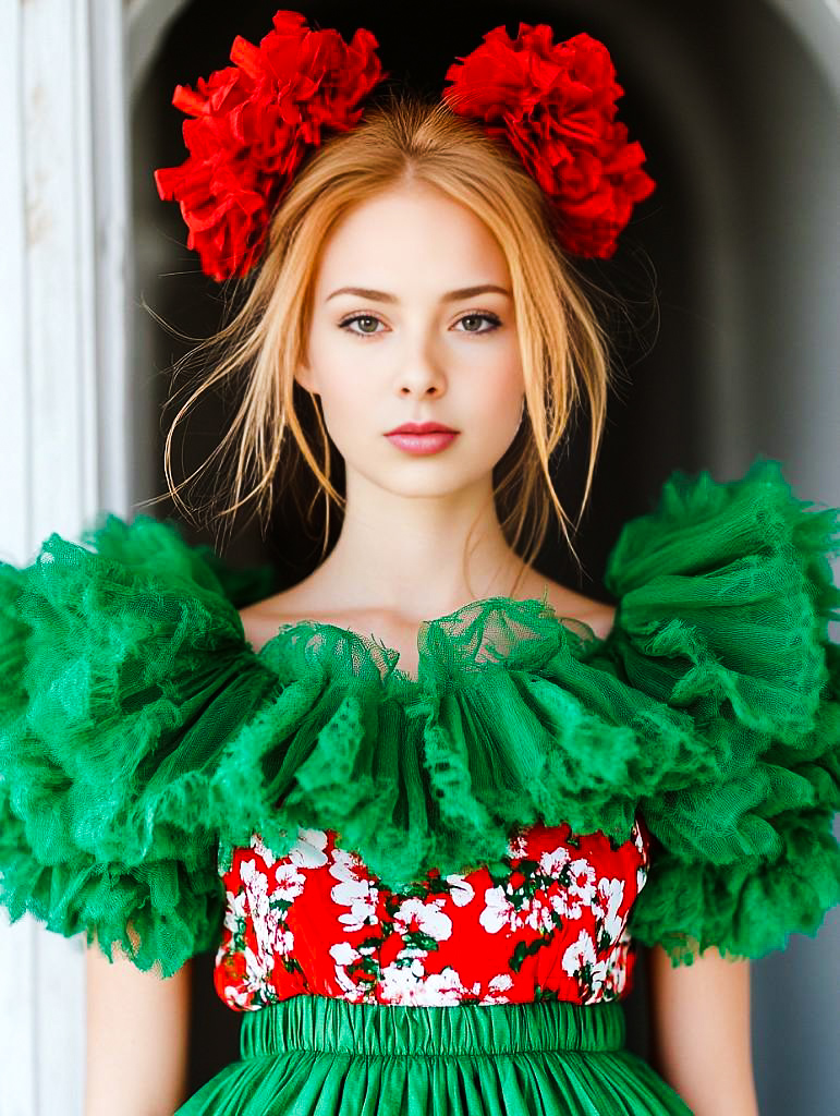 Vibrant Young Woman in Green Ruffles and Red Floral Accessories