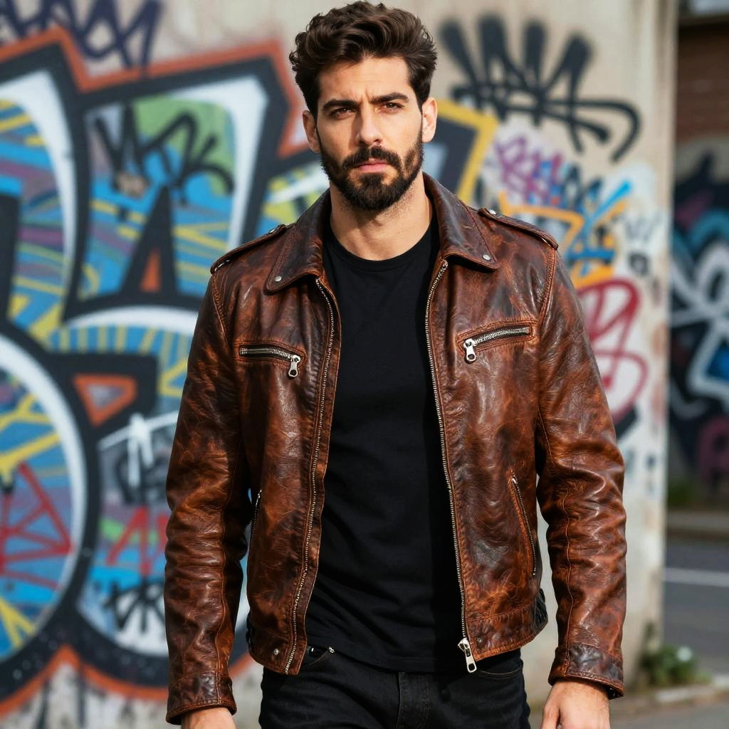 Man in Brown Leather Jacket with Urban Graffiti Background