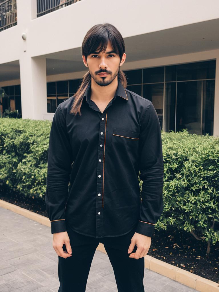 Stylish Young Man in Black Shirt Standing Outdoors