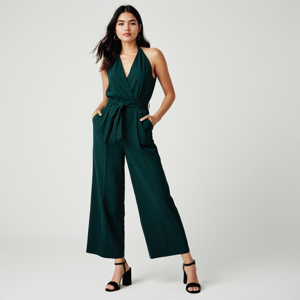 Woman Wearing Minimalist Chic Dark Green Halter Neck Jumpsuit with Deep V Neckline