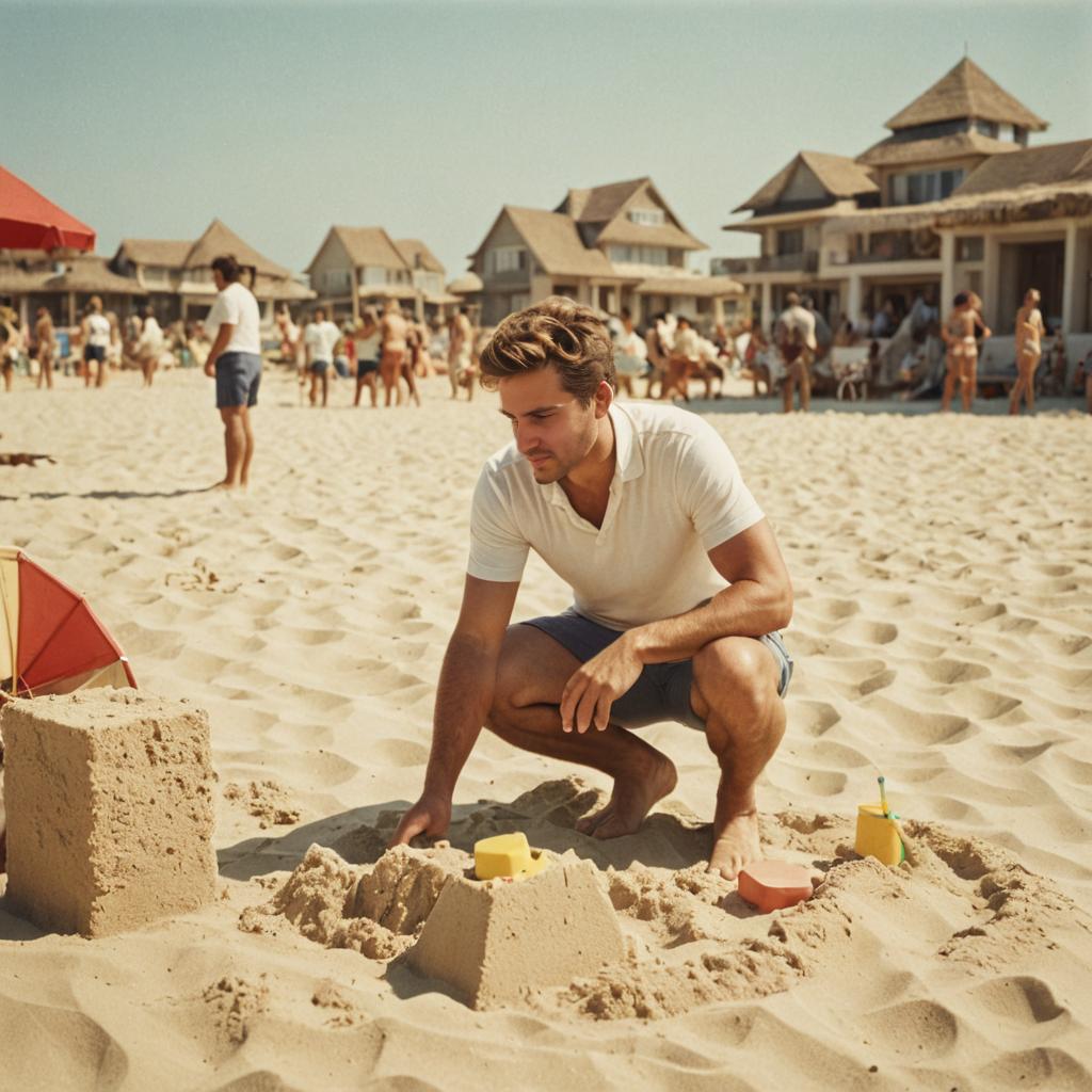 Man Building Sandcastle on Sunny Beach