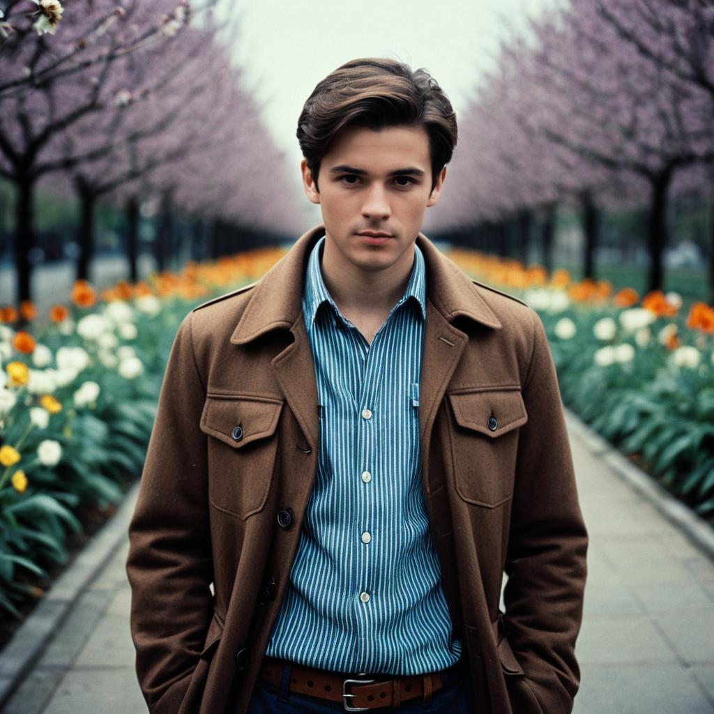 Confident Young Man in Blooming Pathway Confident Young Man in Blooming Pathway