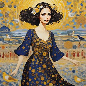 Woman in Blue Dress by the Seaside with Flowers