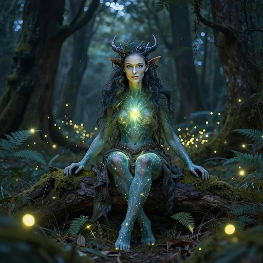 Mystical Fantasy Woman with Horns Sitting in Enchanted Forest