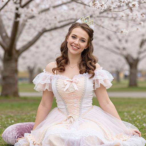 Young Woman in Pink Princess Dress with Crown Sitting in Cherry Blossom Park