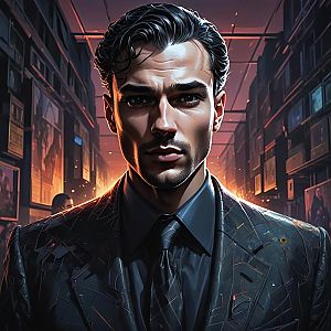 Man in Black Suit in Dimly Lit Gallery