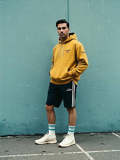Man Wearing Mustard Yellow Hoodie with Cursive Logo Print in Casual Streetwear
