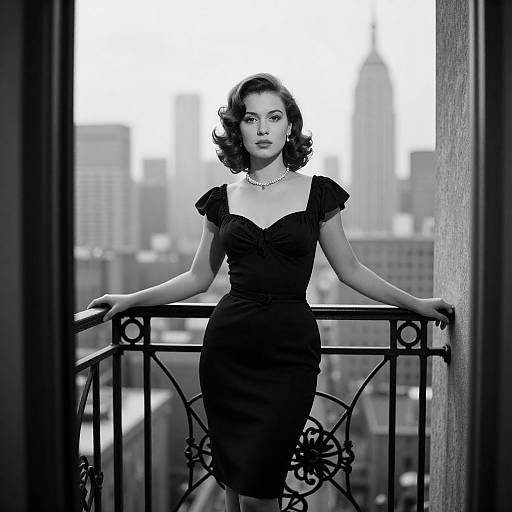 Vintage Glamour Woman on Balcony with City Skyline