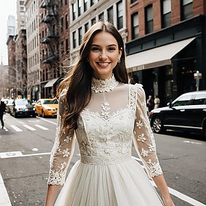 Young Woman in Vintage Lace Dress on City Street