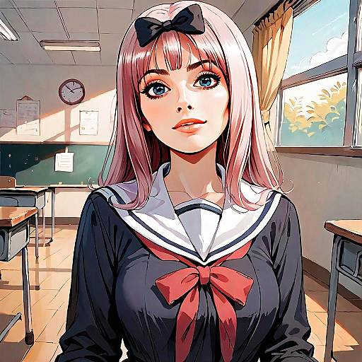 Anime Girl in Japanese School Uniform Classroom Illustration